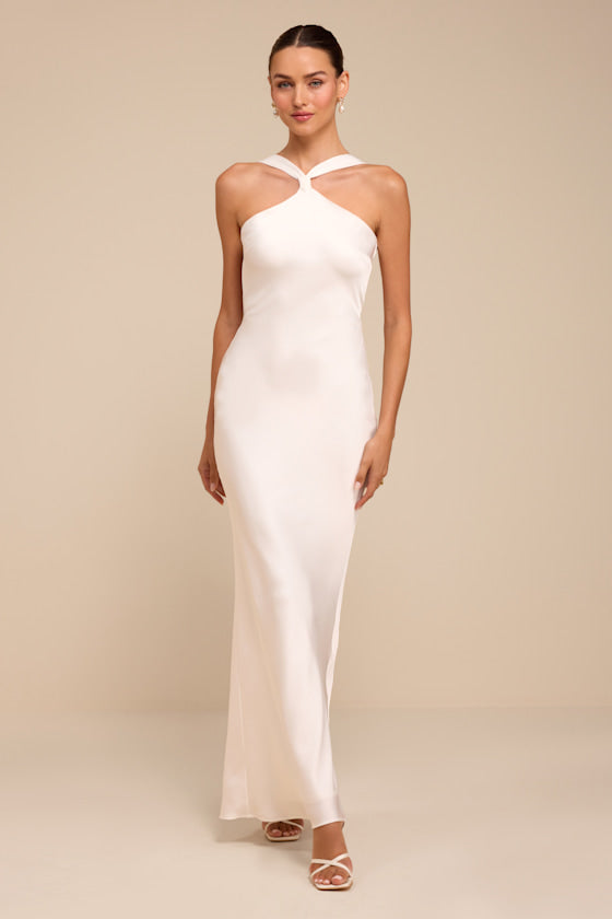Deanira White Satin Backless Column Maxi Dress