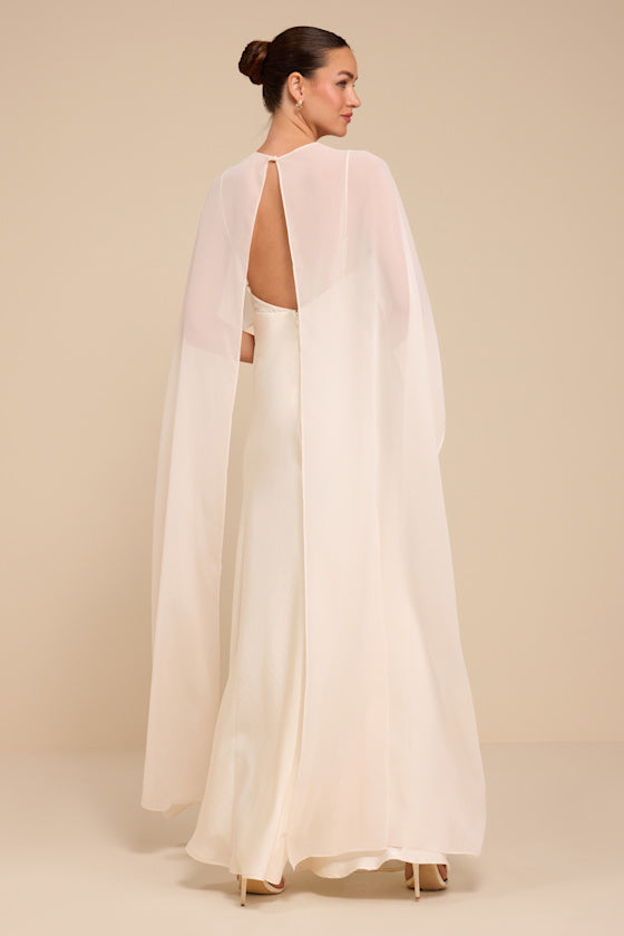 Mercedes White Satin Cape Wedding Dress
