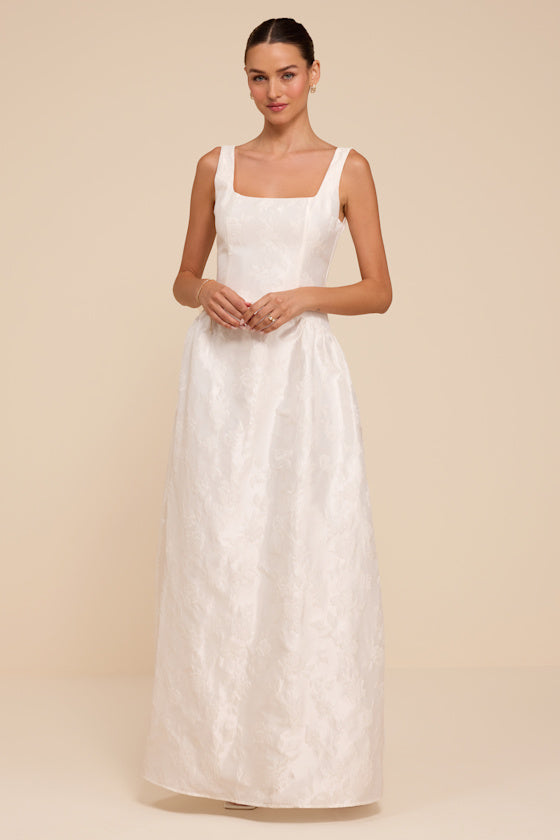 Danara White Floral Jacquard Square-Neck Maxi Dress
