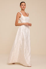 Danara White Floral Jacquard Square-Neck Maxi Dress