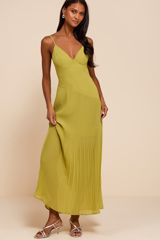 Mura Chartreuse Pleated Drop Waist Midi Dress