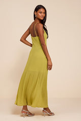 Mura Chartreuse Pleated Drop Waist Midi Dress