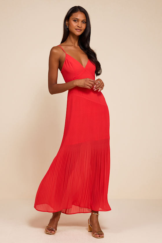 Mura Bright Red Pleated Drop Waist Midi Dress