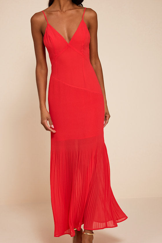 Mura Bright Red Pleated Drop Waist Midi Dress