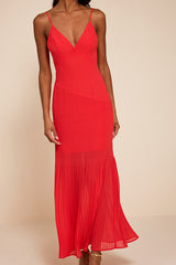 Mura Bright Red Pleated Drop Waist Midi Dress