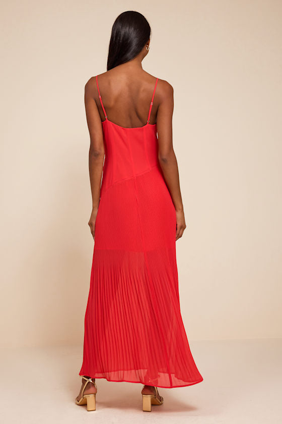 Mura Bright Red Pleated Drop Waist Midi Dress