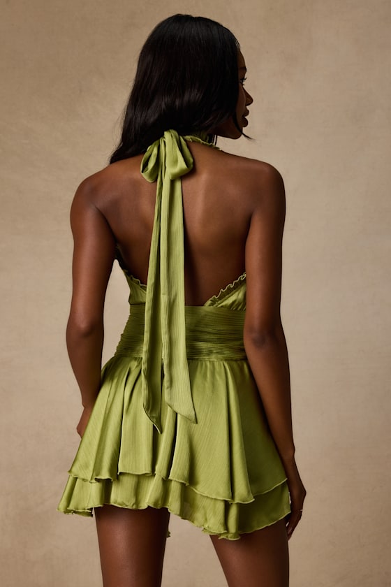Fria Light Green Satin Halter Tiered Mini Dress