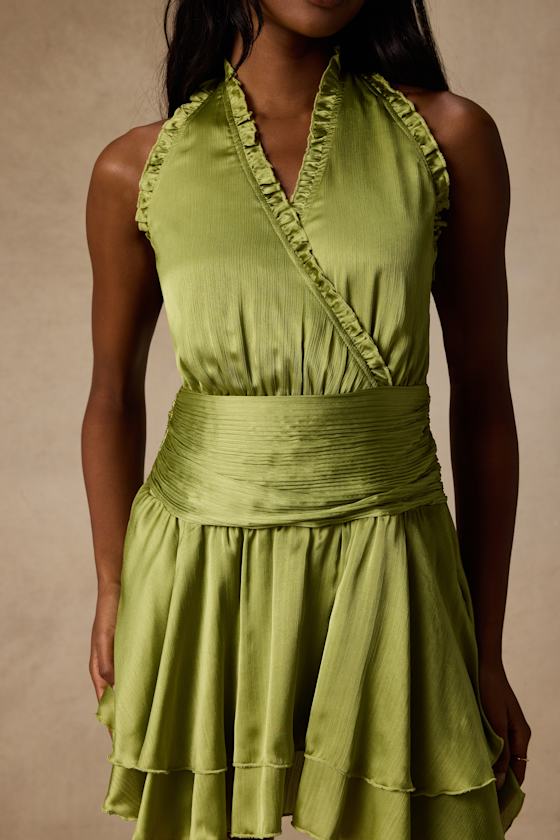 Fria Light Green Satin Halter Tiered Mini Dress