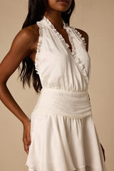 Fria White Satin Halter Tiered Mini Dress