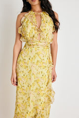 Antonia Yellow Multi Floral Backless Midi Dress
