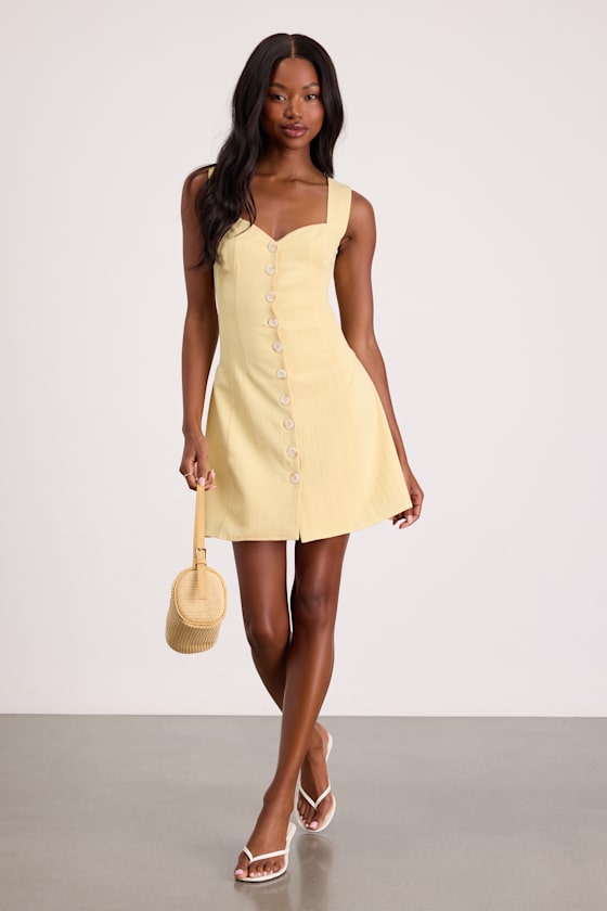 Sarie Light Yellow Textured Button-Front Mini Dress