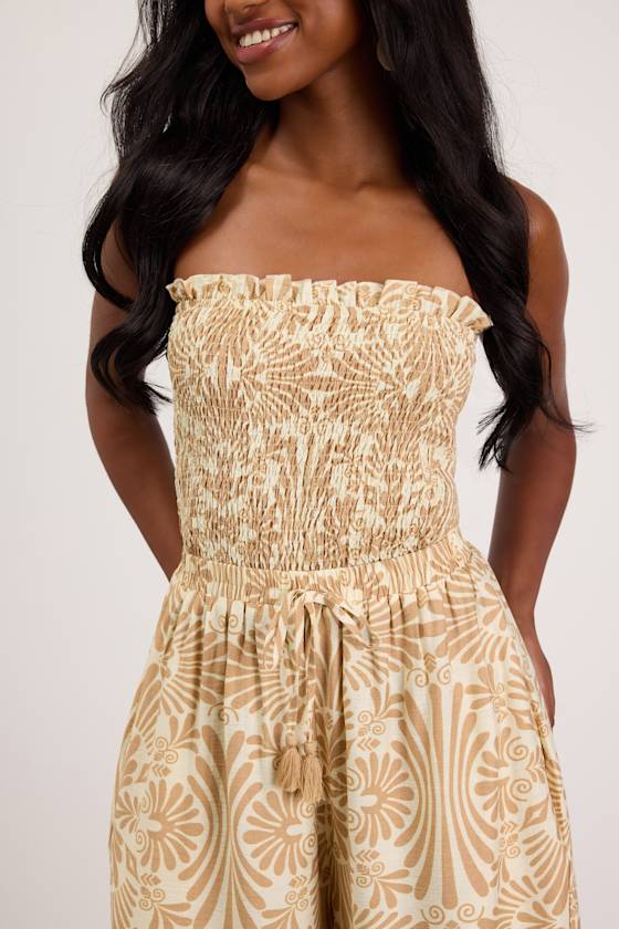 Indie Tan and Ivory Boho Print Wide-Leg Jumpsuit