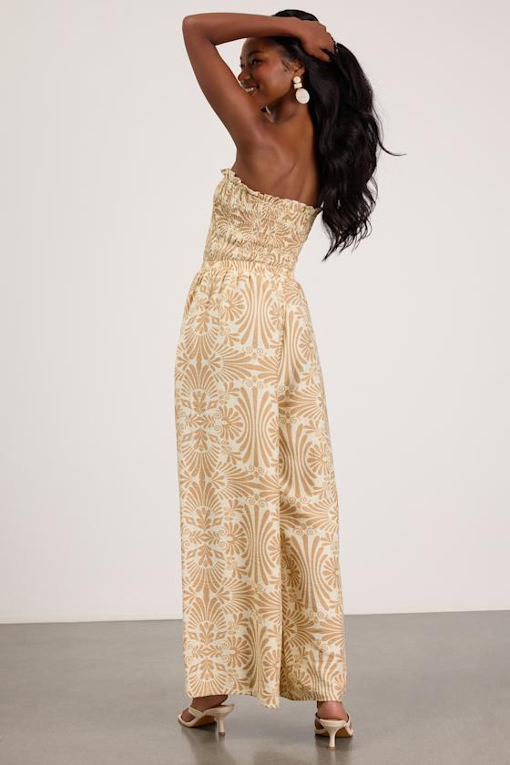 Indie Tan and Ivory Boho Print Wide-Leg Jumpsuit
