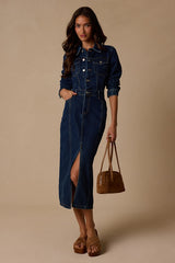 Alarie Dark Wash Denim Long Sleeve Midi Dress