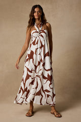 Adalina Brown and White Floral Halter Midi Dress
