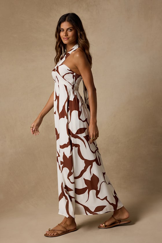 Adalina Brown and White Floral Halter Midi Dress