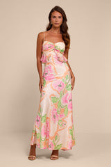 Cattina Blush Multi Floral Satin Tie-Back Maxi Dress