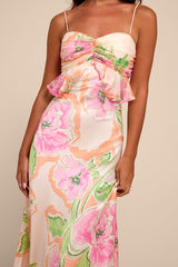 Cattina Blush Multi Floral Satin Tie-Back Maxi Dress