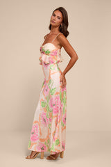 Cattina Blush Multi Floral Satin Tie-Back Maxi Dress