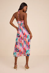 Anara Pink Multi Floral Pleated Halter Midi Dress