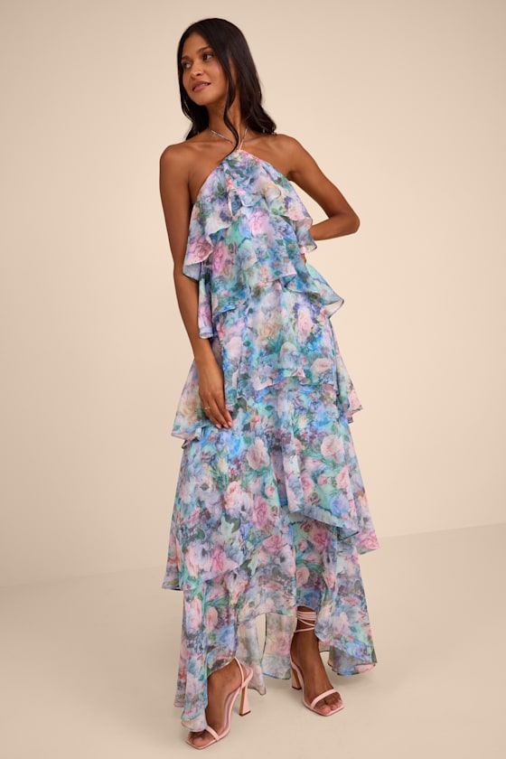 Melody Light Blue Floral Tiered Halter Maxi Dress