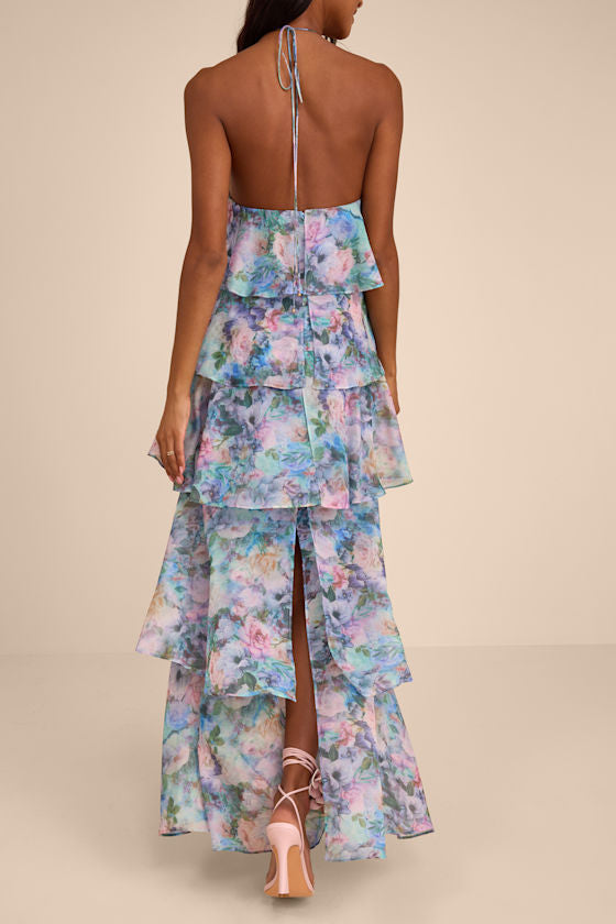 Melody Light Blue Floral Tiered Halter Maxi Dress