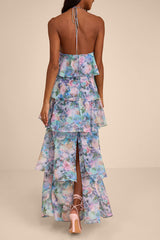 Melody Light Blue Floral Tiered Halter Maxi Dress
