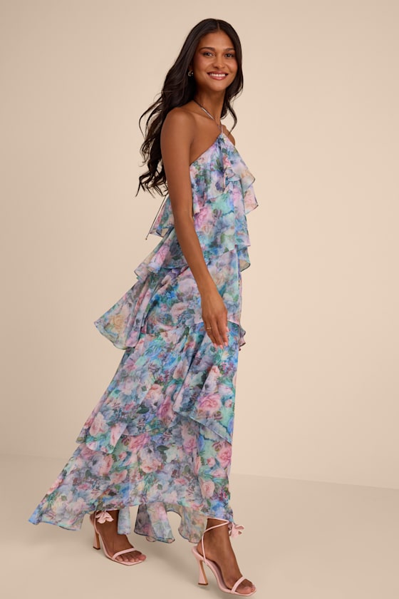 Melody Light Blue Floral Tiered Halter Maxi Dress