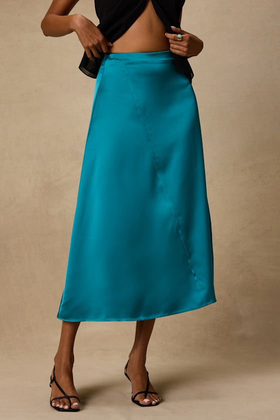 Ramona Teal Satin Midi Skirt