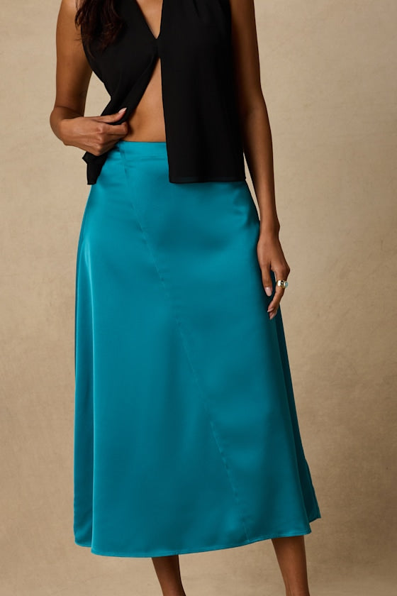 Ramona Teal Satin Midi Skirt
