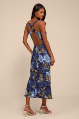 Lilia Dark Blue Floral Scoop Neck Midi Dress