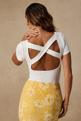 Reese Ivory Ribbed Knit Cross-Back Bodysuit