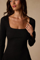 Radleigh Black Textured Long Sleeve Drop Waist Mini Dress