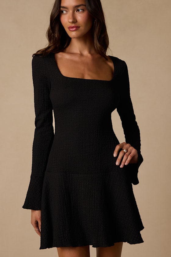 Radleigh Black Textured Long Sleeve Drop Waist Mini Dress
