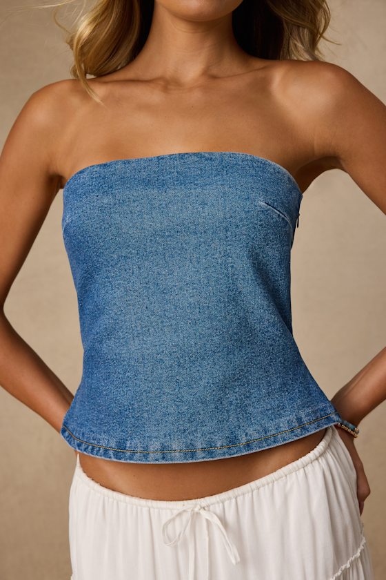 Anari Medium Wash Denim Strapless Top