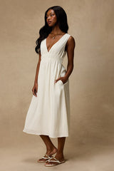 Anamaya Ivory Textured V-Neck Midi Dress