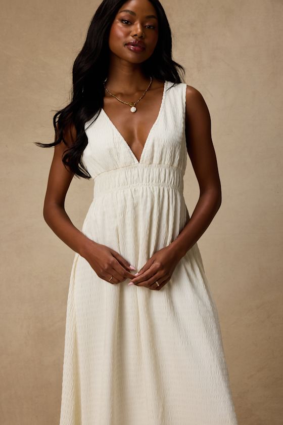 Anamaya Ivory Textured V-Neck Midi Dress