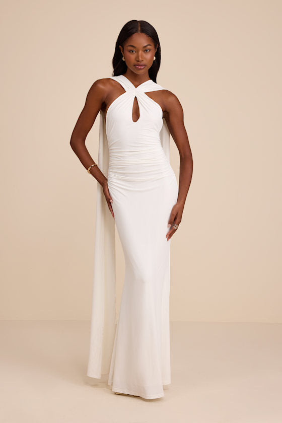 Delphina Ivory Jersey Knit Halter Sash Maxi Dress