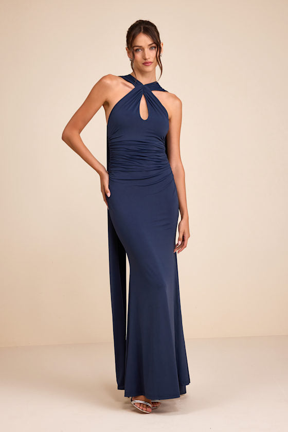 Delphina Navy Jersey Knit Halter Sash Maxi Dress