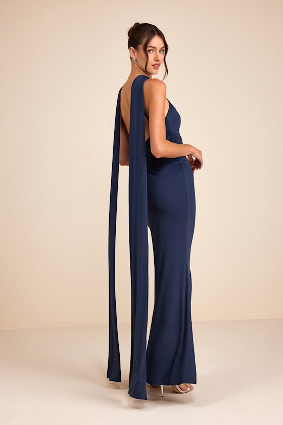 Delphina Navy Jersey Knit Halter Sash Maxi Dress