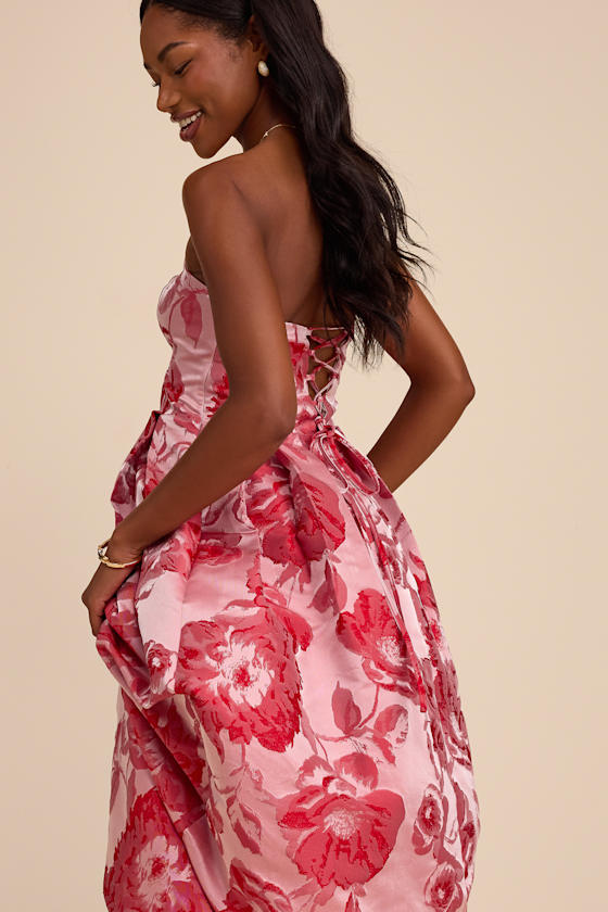 Elsa Light Pink Floral Jacquard Strapless Maxi Dress
