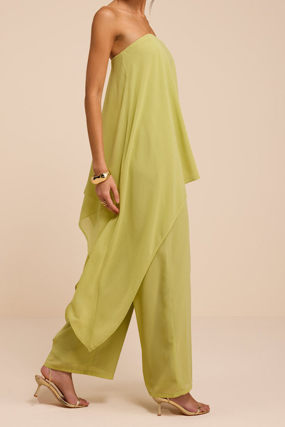 Kiko Lime Green Strapless Overlay Wide-Leg Jumpsuit