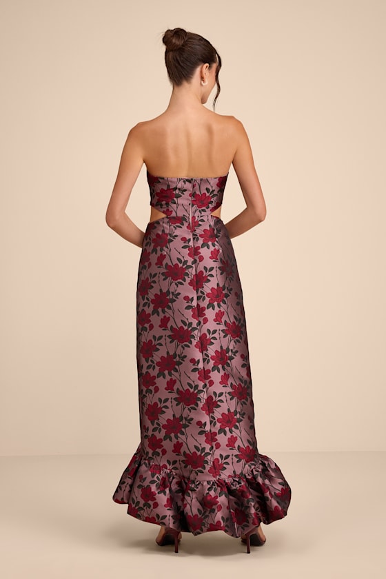 Sharra Mauve Floral Jacquard Bubble Hem Maxi Dress
