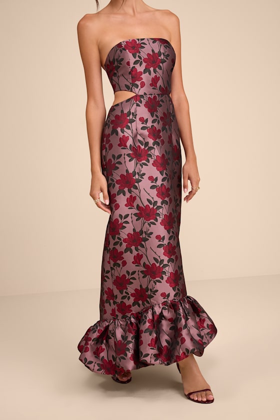 Sharra Mauve Floral Jacquard Bubble Hem Maxi Dress