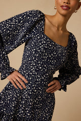 Coy Charm Navy Floral Print Long Sleeve Mini Dress