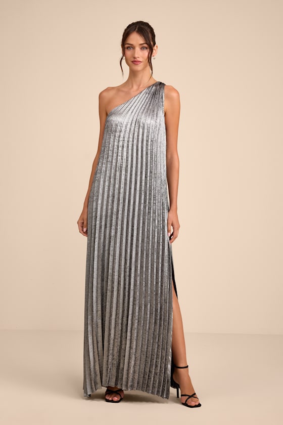 Mara Silver Metallic Pleated One-Shoulder Maxi Dress