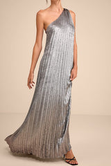 Mara Silver Metallic Pleated One-Shoulder Maxi Dress