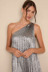 Mara Silver Metallic Pleated One-Shoulder Maxi Dress