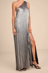 Mara Silver Metallic Pleated One-Shoulder Maxi Dress