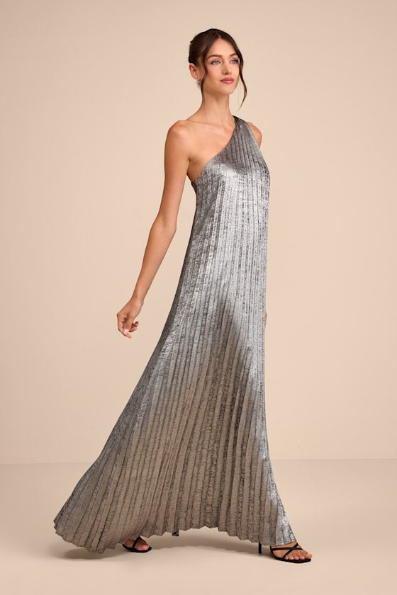 Mara Silver Metallic Pleated One-Shoulder Maxi Dress